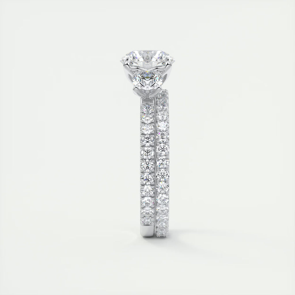 2.15 Ct Royale Three Stone Round -Floral French Set Pavé Engagement Rings