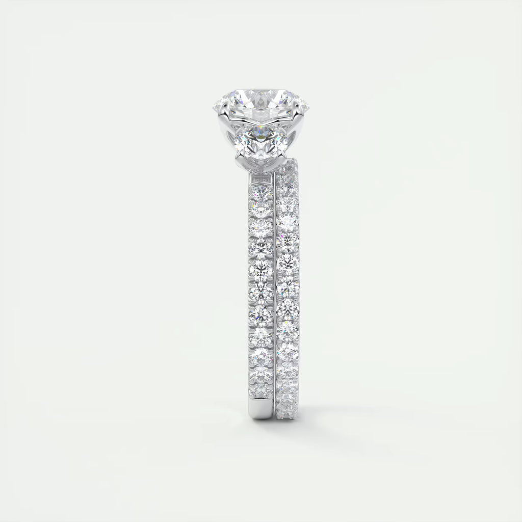 2.50 Ct Round Solitaire Ring Three Stone Ring with 3/4 French Set Pave Engagement Rings