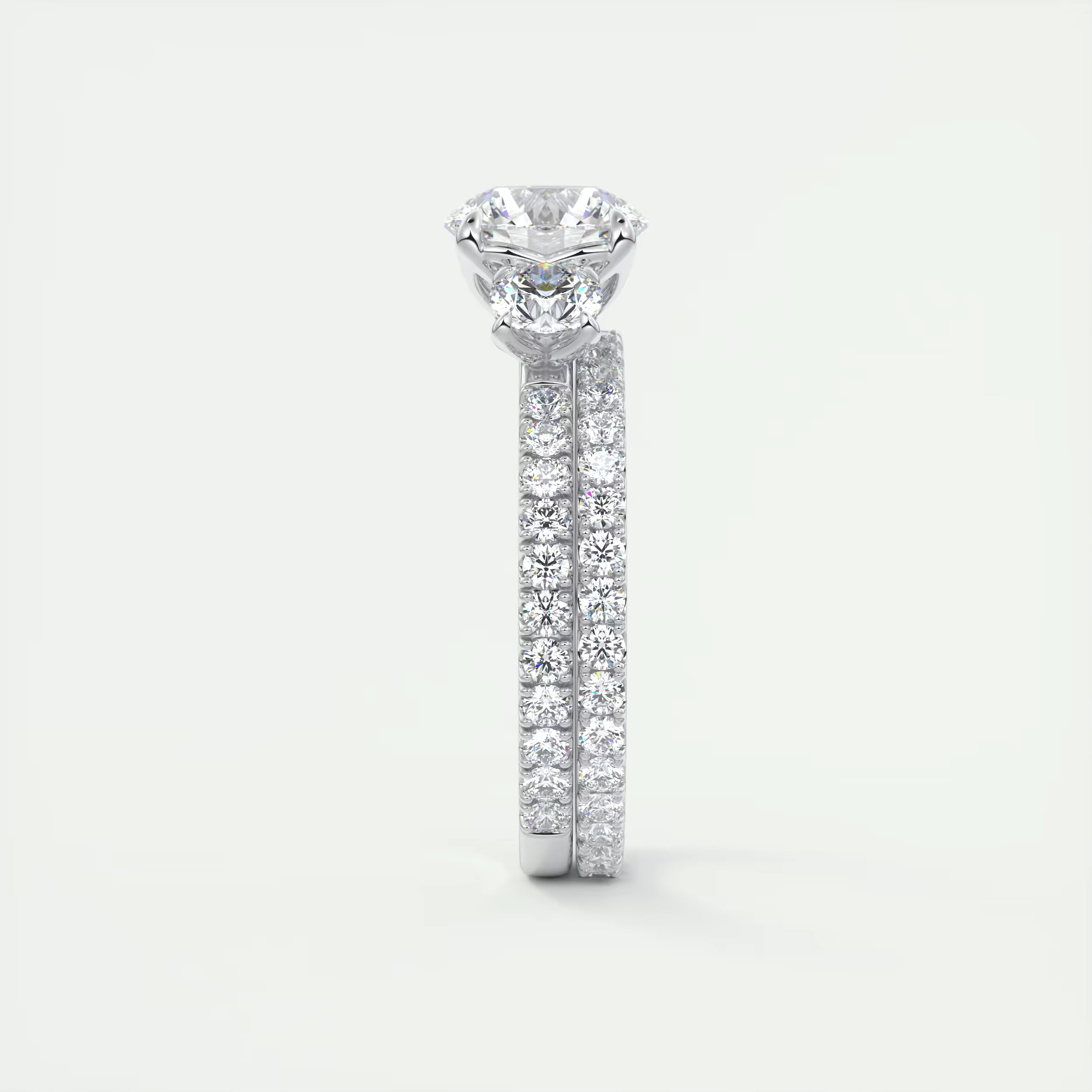 2.50 Ct Round Solitaire Ring Three Stone Ring with 3/4 French Set Pave Engagement Rings