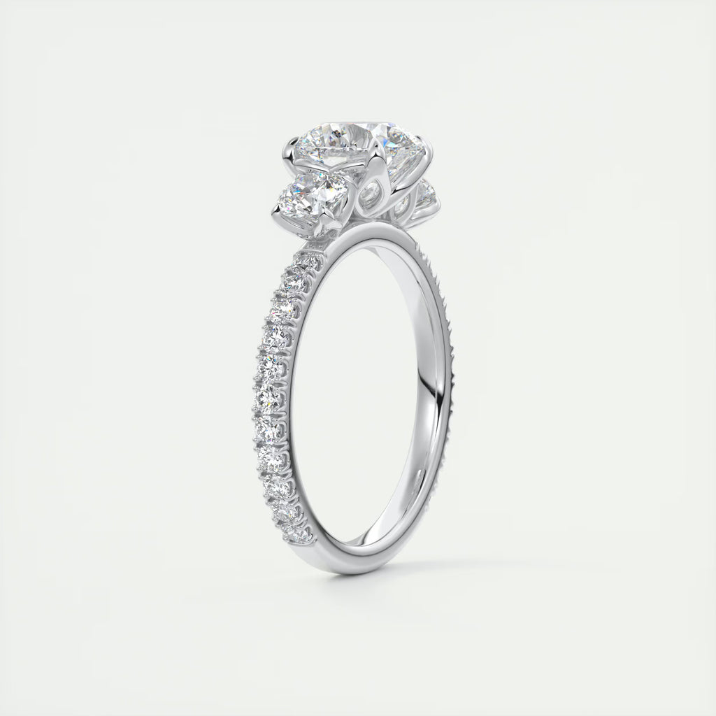 2.15 Ct Royale Three Stone Round -Floral French Set Pavé Engagement Rings