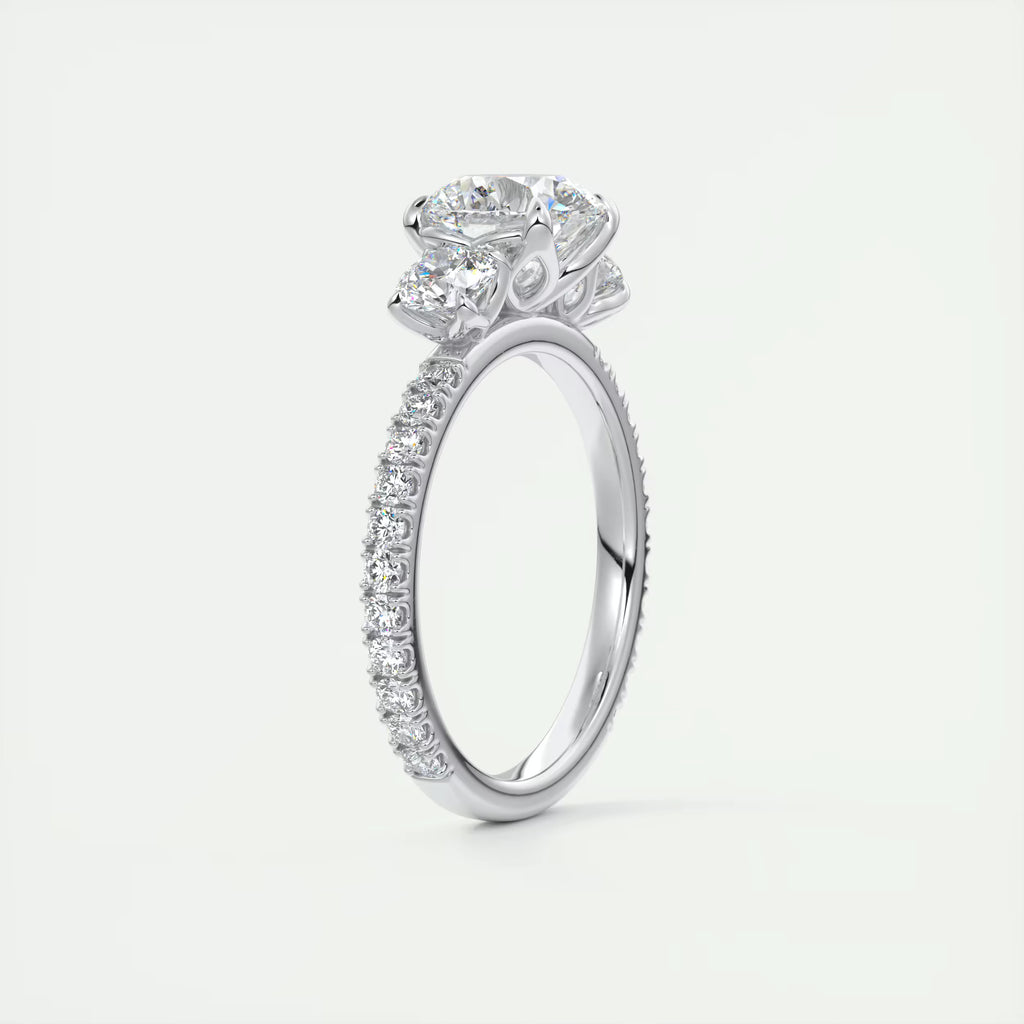2.50 Ct Round Solitaire Ring Three Stone Ring with 3/4 French Set Pave Engagement Rings