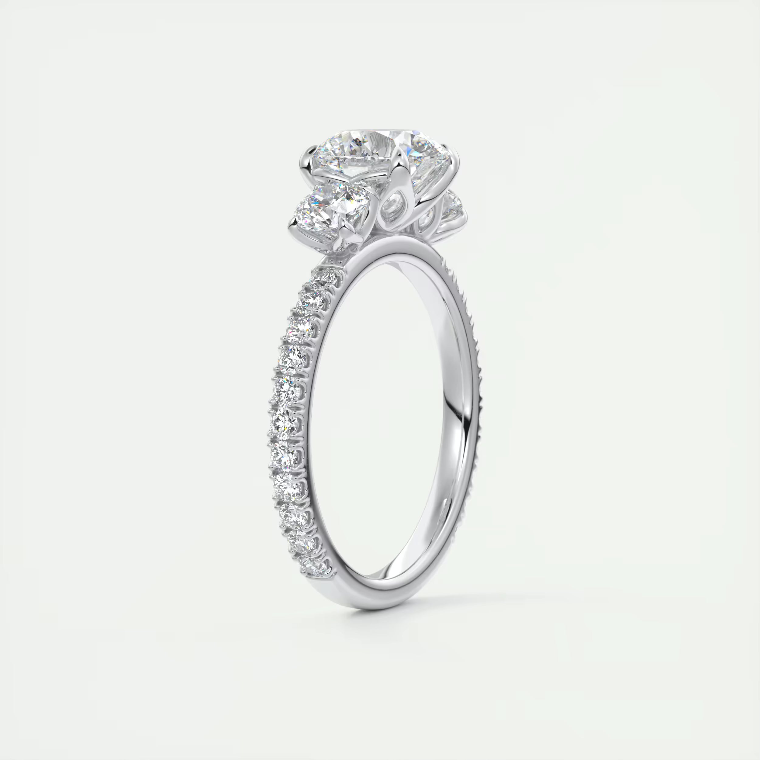 2.50 Ct Round Solitaire Ring Three Stone Ring with 3/4 French Set Pave Engagement Rings