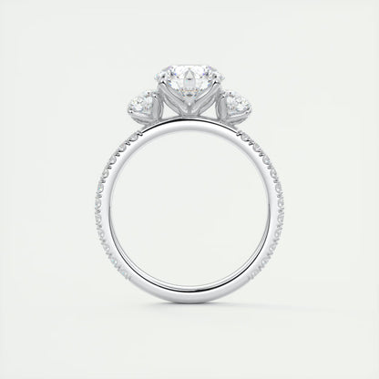 2.15 Ct Royale Three Stone Round -Floral French Set Pavé Engagement Rings