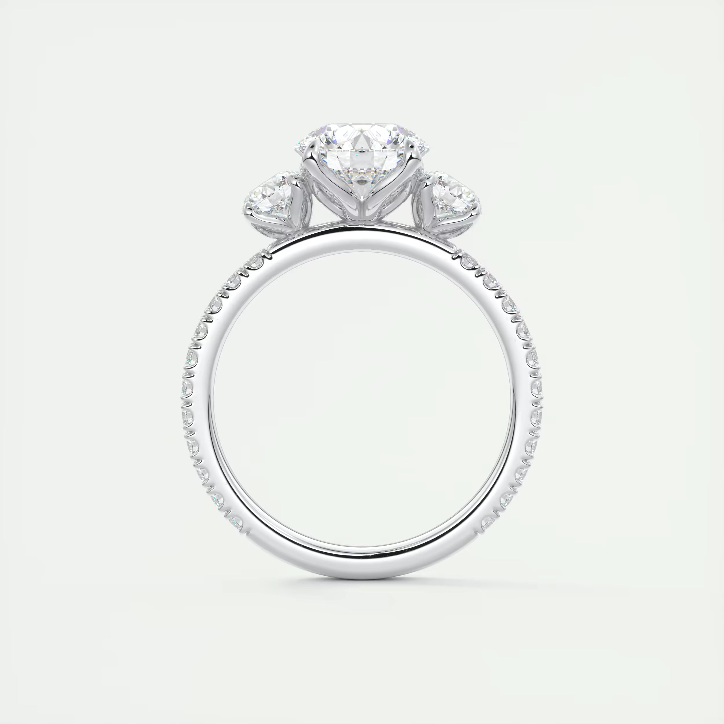 2.50 Ct Round Solitaire Ring Three Stone Ring with 3/4 French Set Pave Engagement Rings