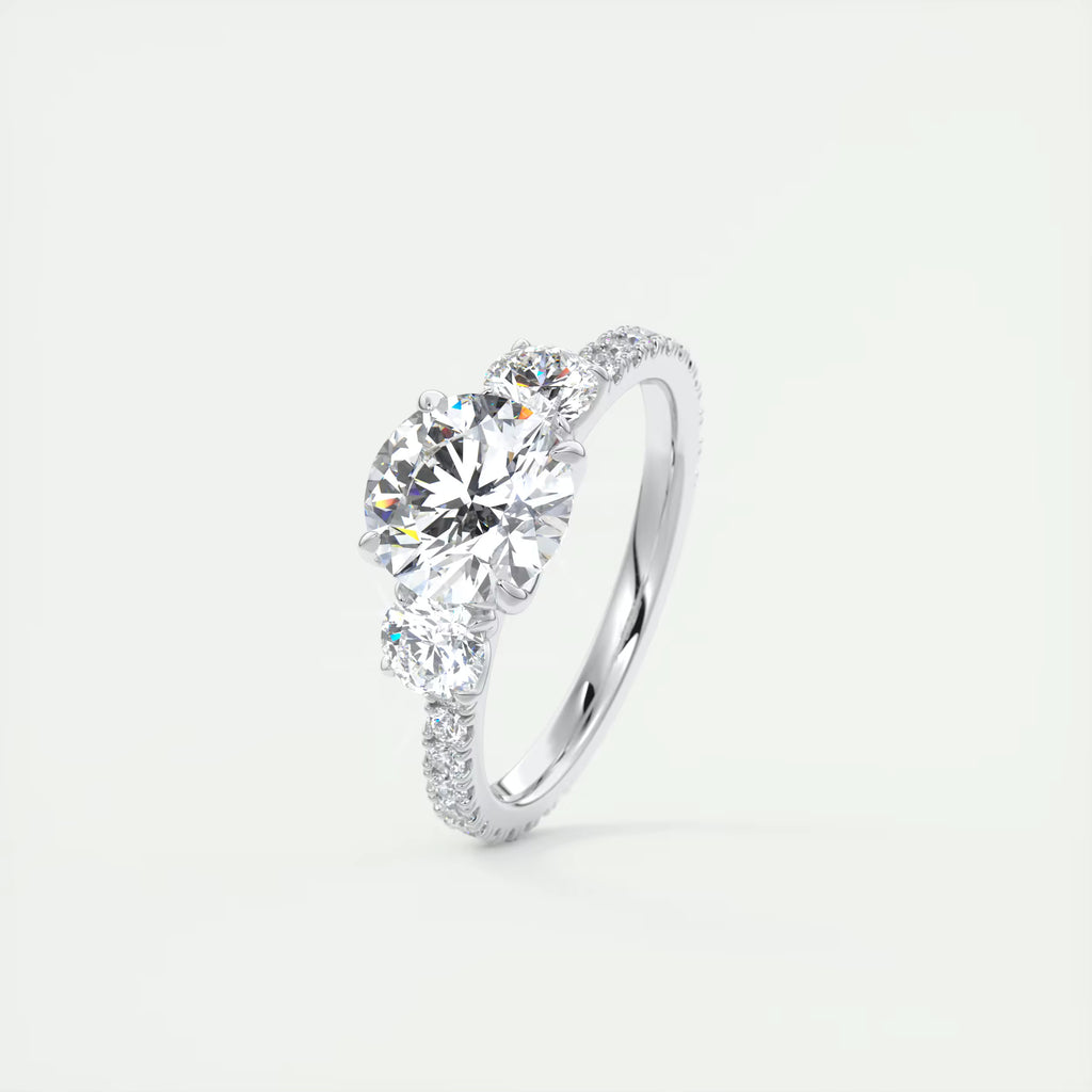2.50 Ct Round Solitaire Ring Three Stone Ring with 3/4 French Set Pave Engagement Rings