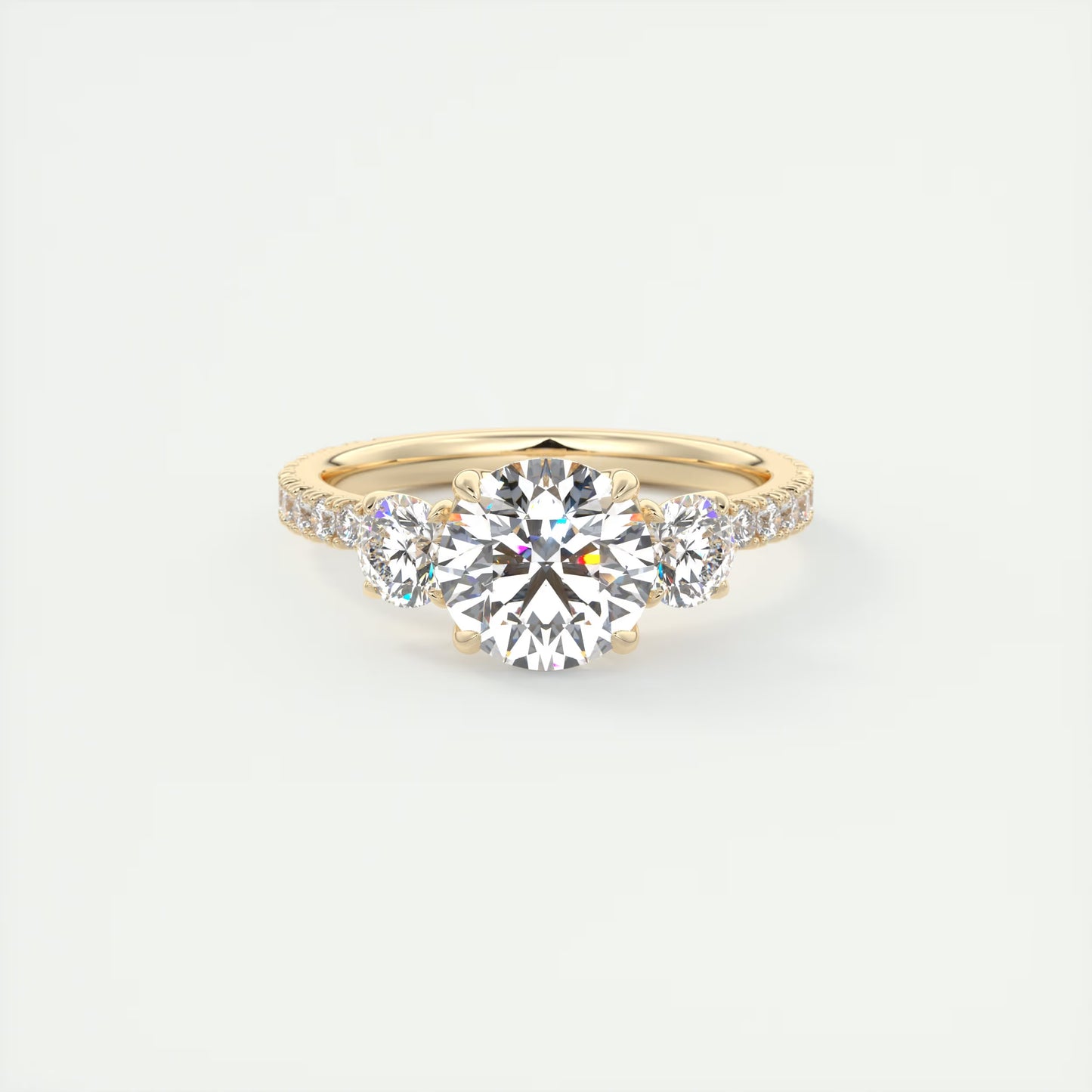 2.15 Ct Royale Three Stone Round -Floral French Set Pavé Engagement Rings