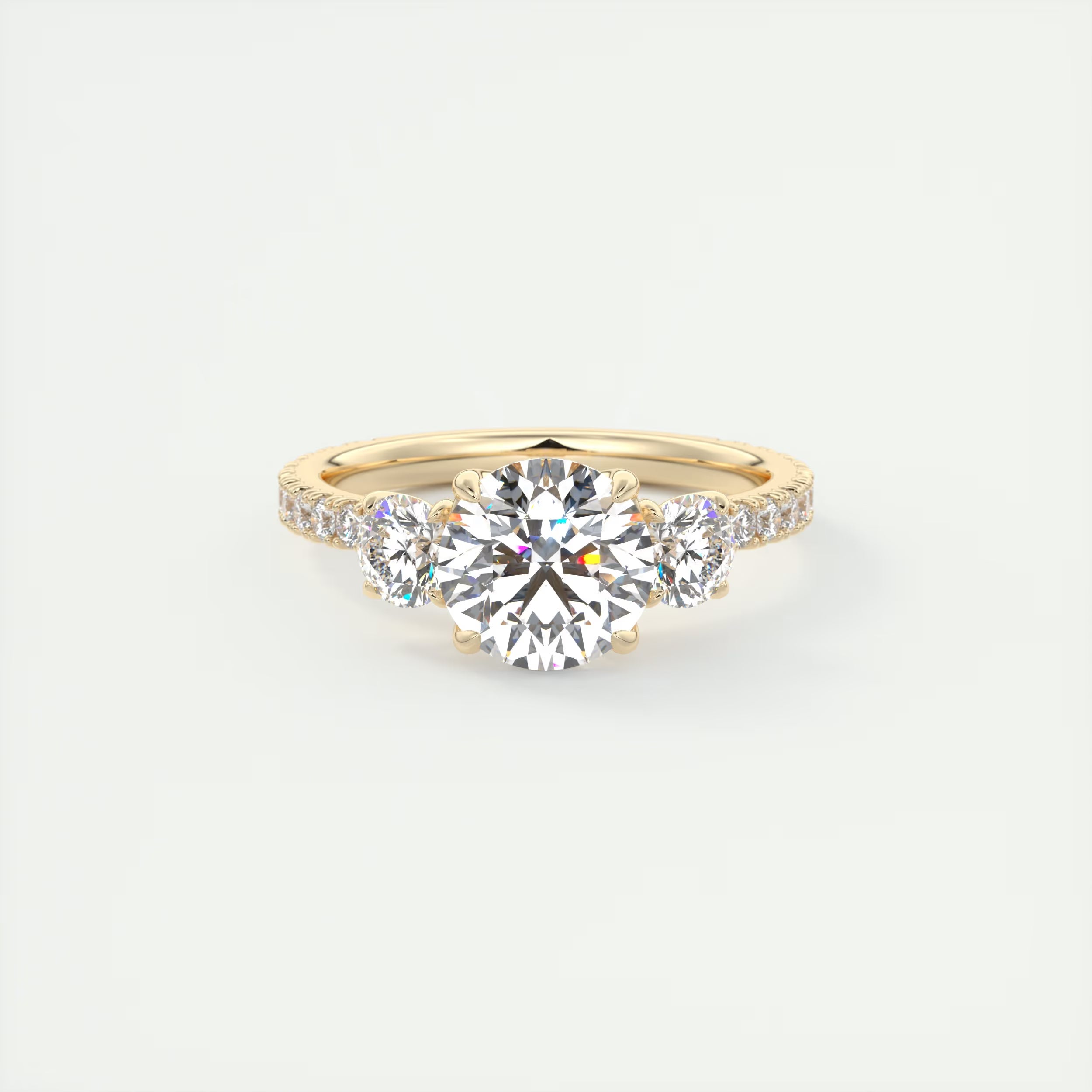 2.15 Ct Royale Three Stone Round -Floral French Set Pavé Engagement Rings