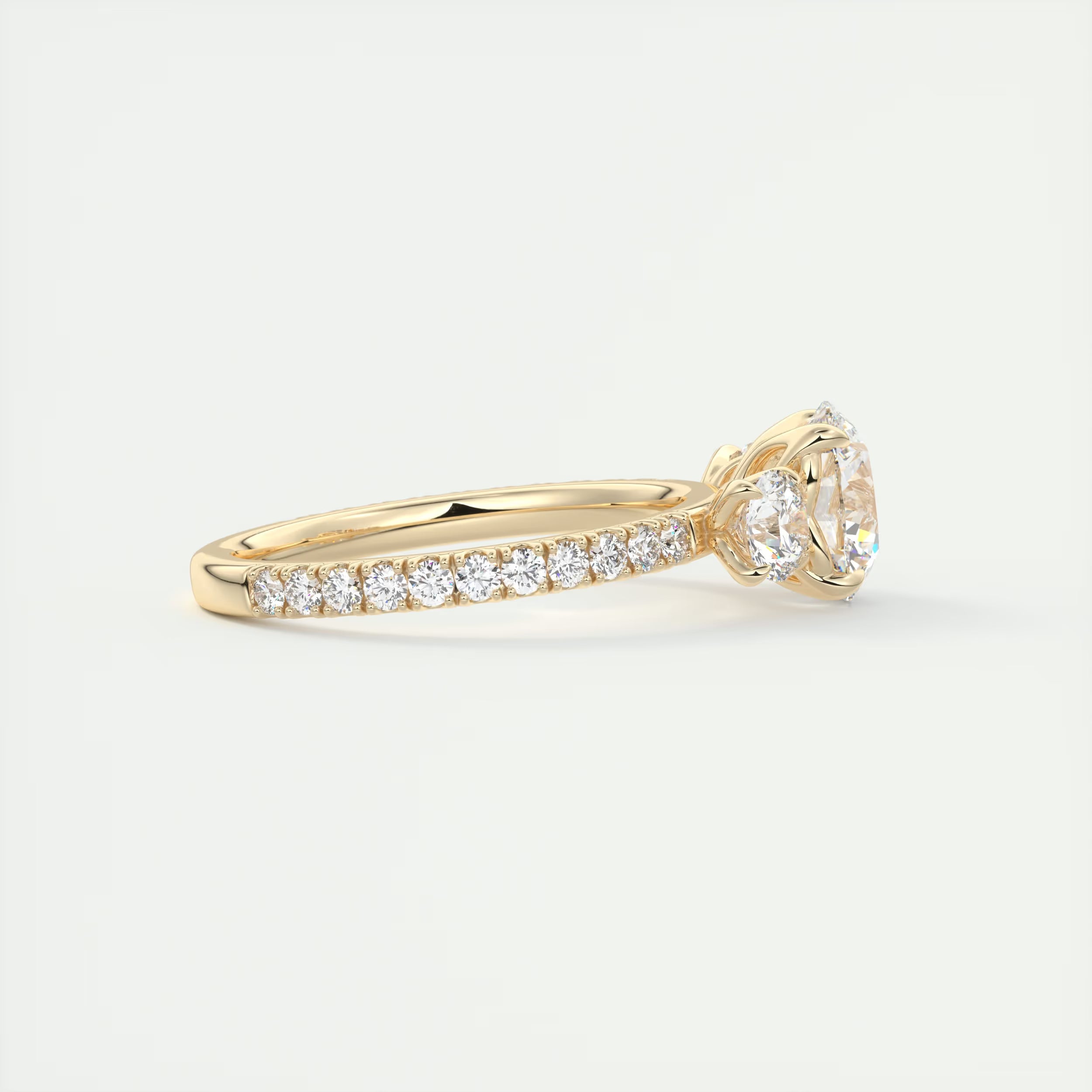 2.15 Ct Royale Three Stone Round -Floral French Set Pavé Engagement Rings