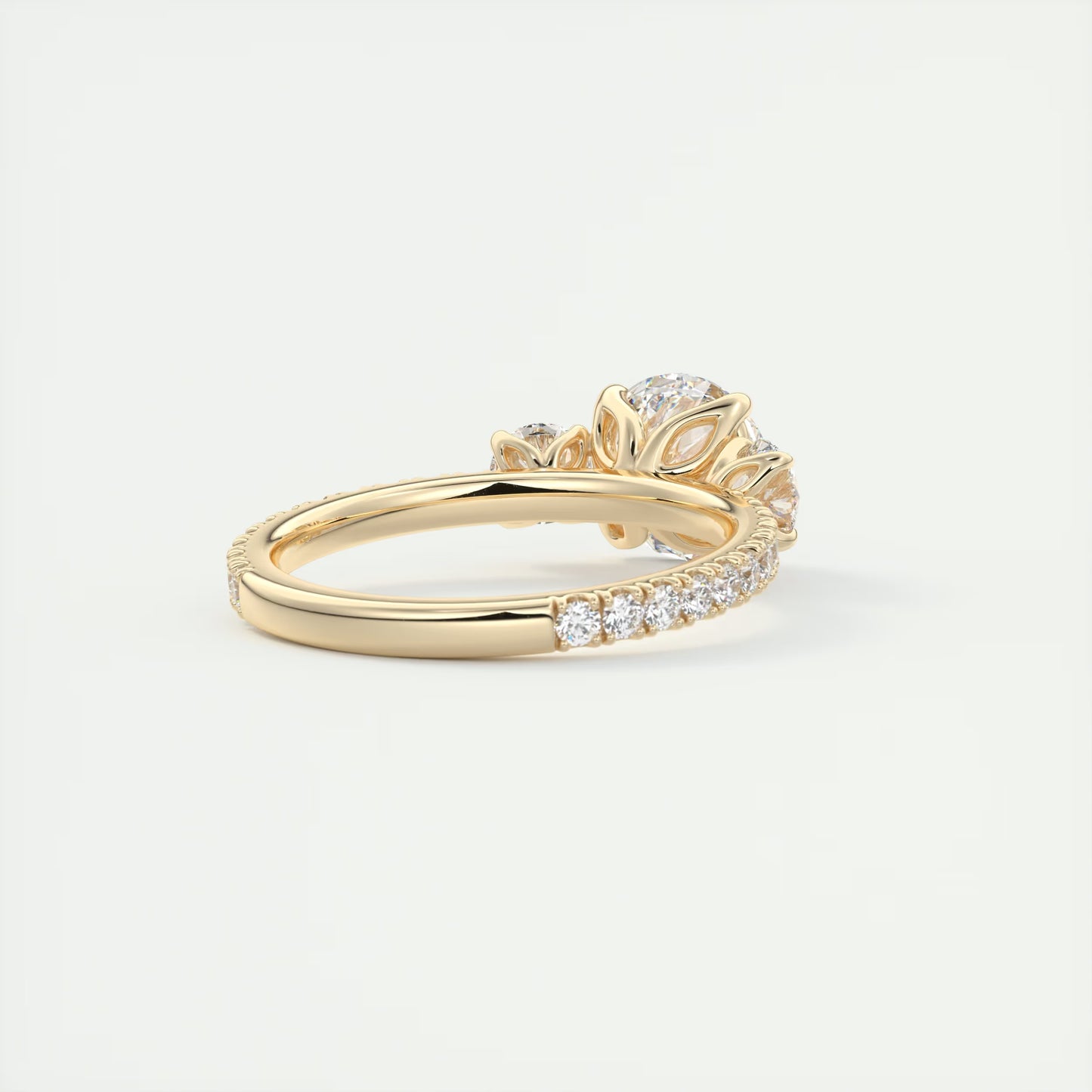 2.15 Ct Royale Three Stone Round -Floral French Set Pavé Engagement Rings
