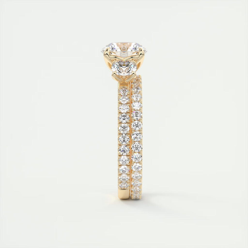 2.15 Ct Royale Three Stone Round -Floral French Set Pavé Engagement Rings