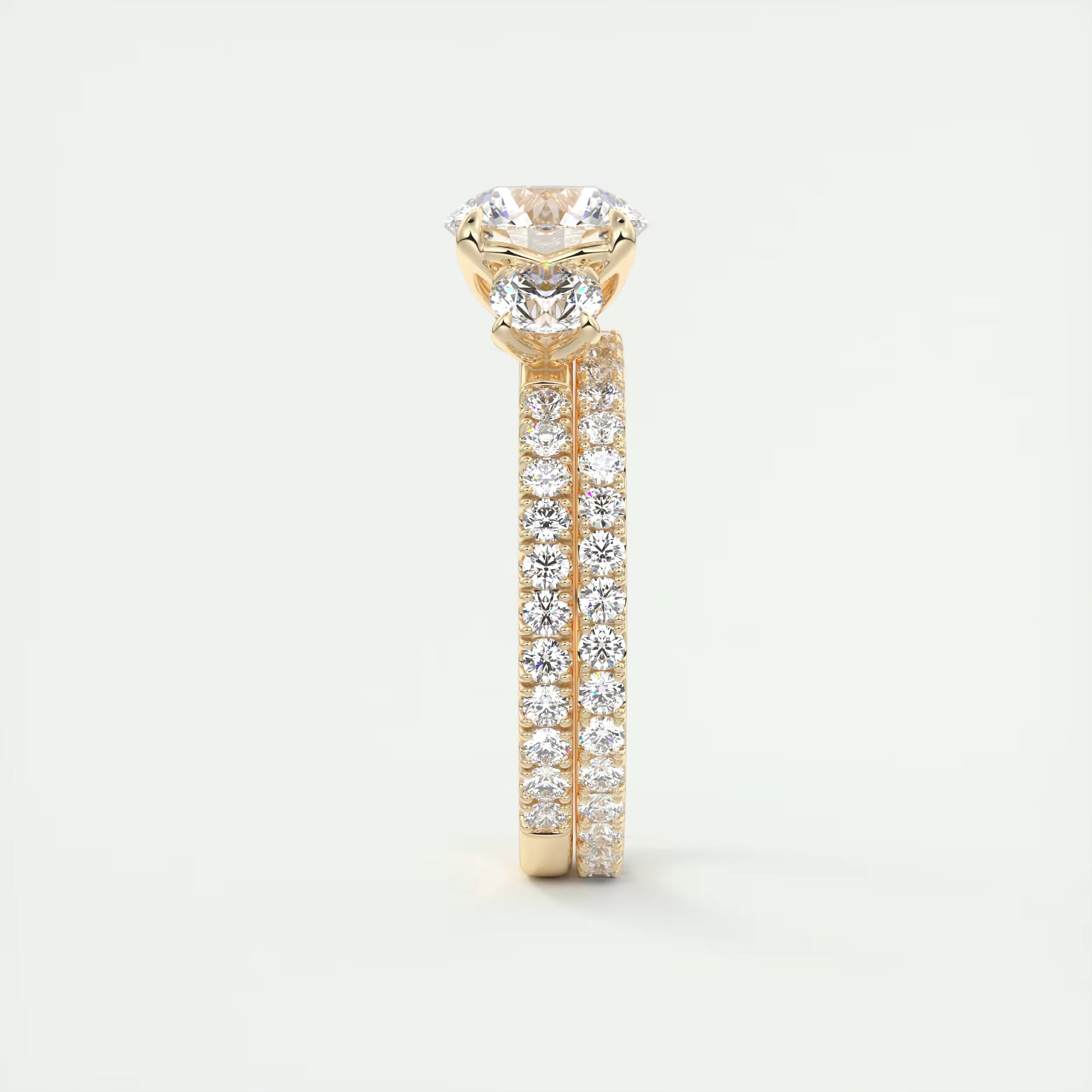 2.50 Ct Round Solitaire Ring Three Stone Ring with 3/4 French Set Pave Engagement Rings