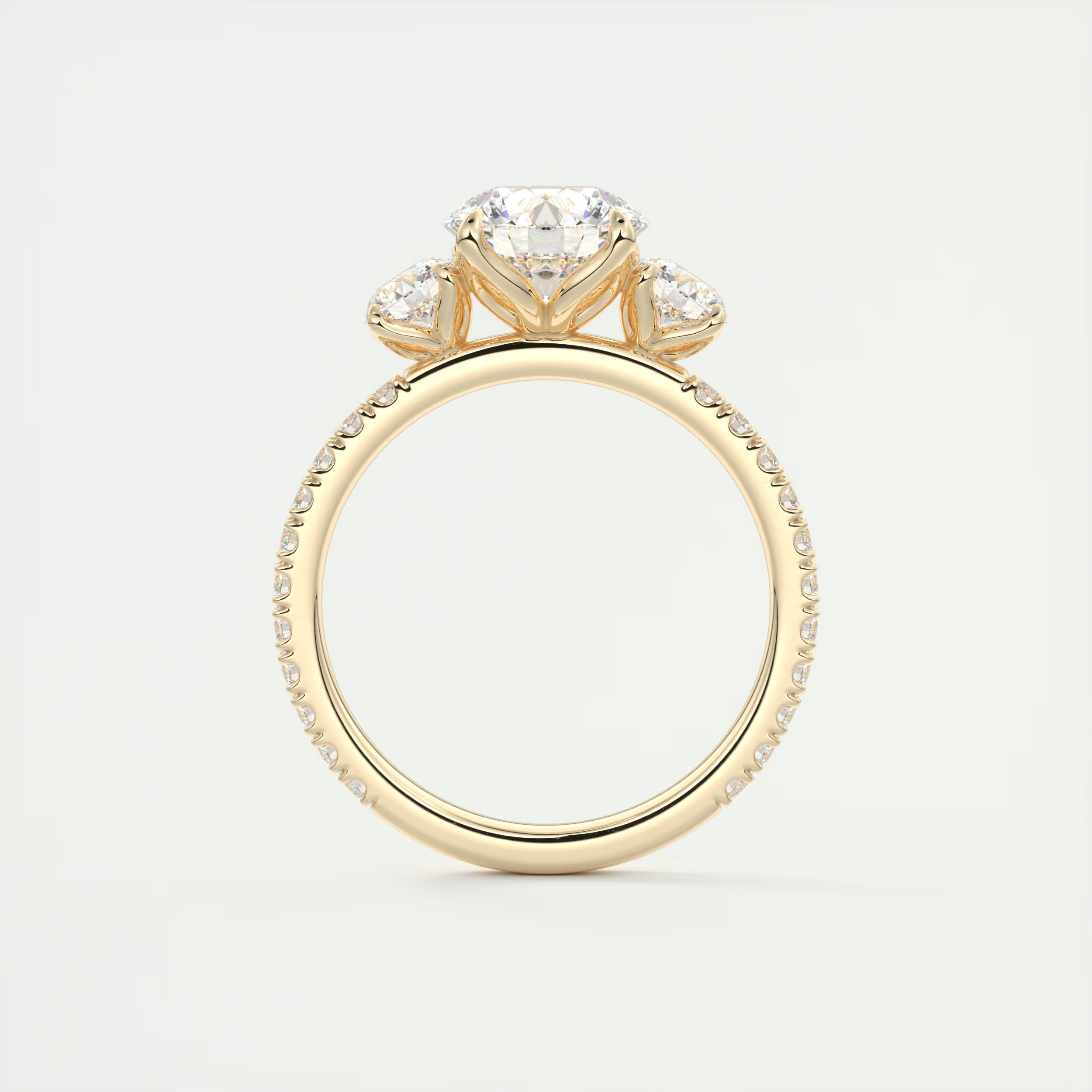 2.15 Ct Royale Three Stone Round -Floral French Set Pavé Engagement Rings