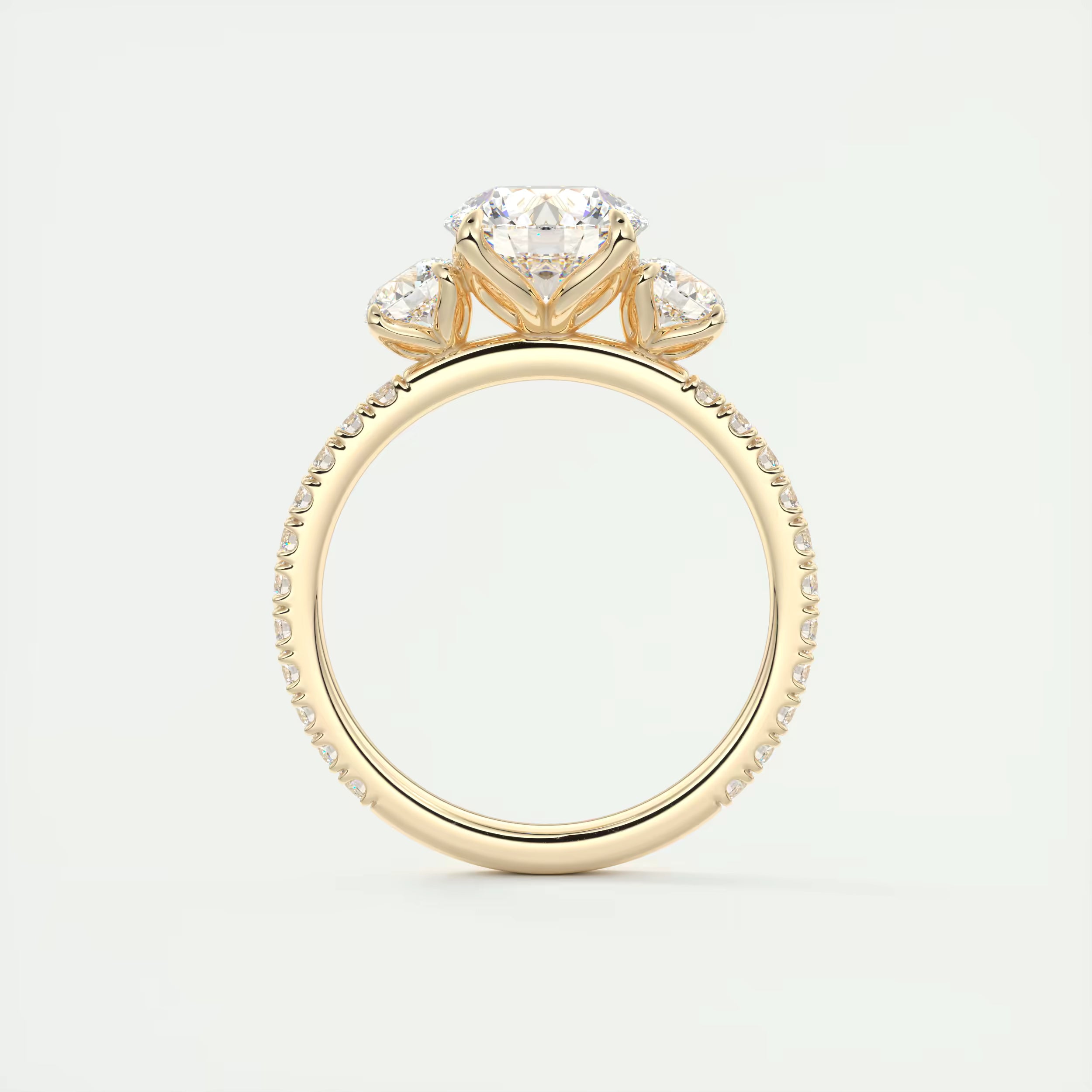 2.50 Ct Round Solitaire Ring Three Stone Ring with 3/4 French Set Pave Engagement Rings