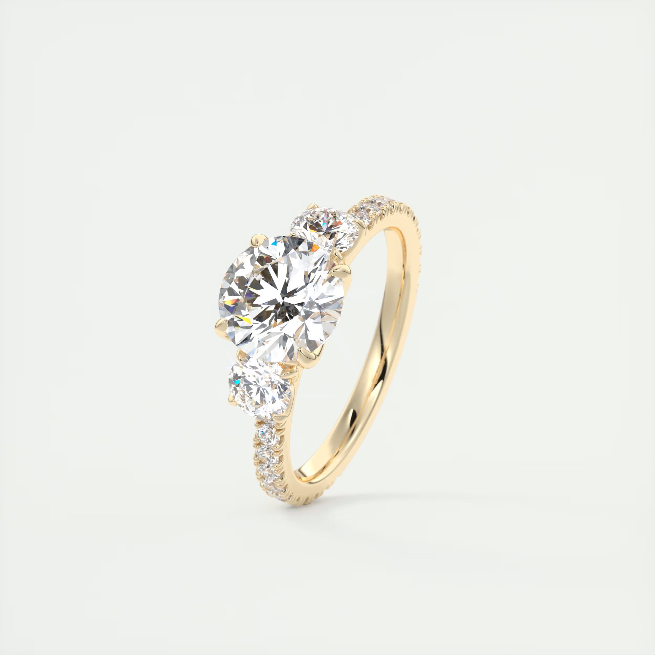 2.15 Ct Royale Three Stone Round -Floral French Set Pavé Engagement Rings