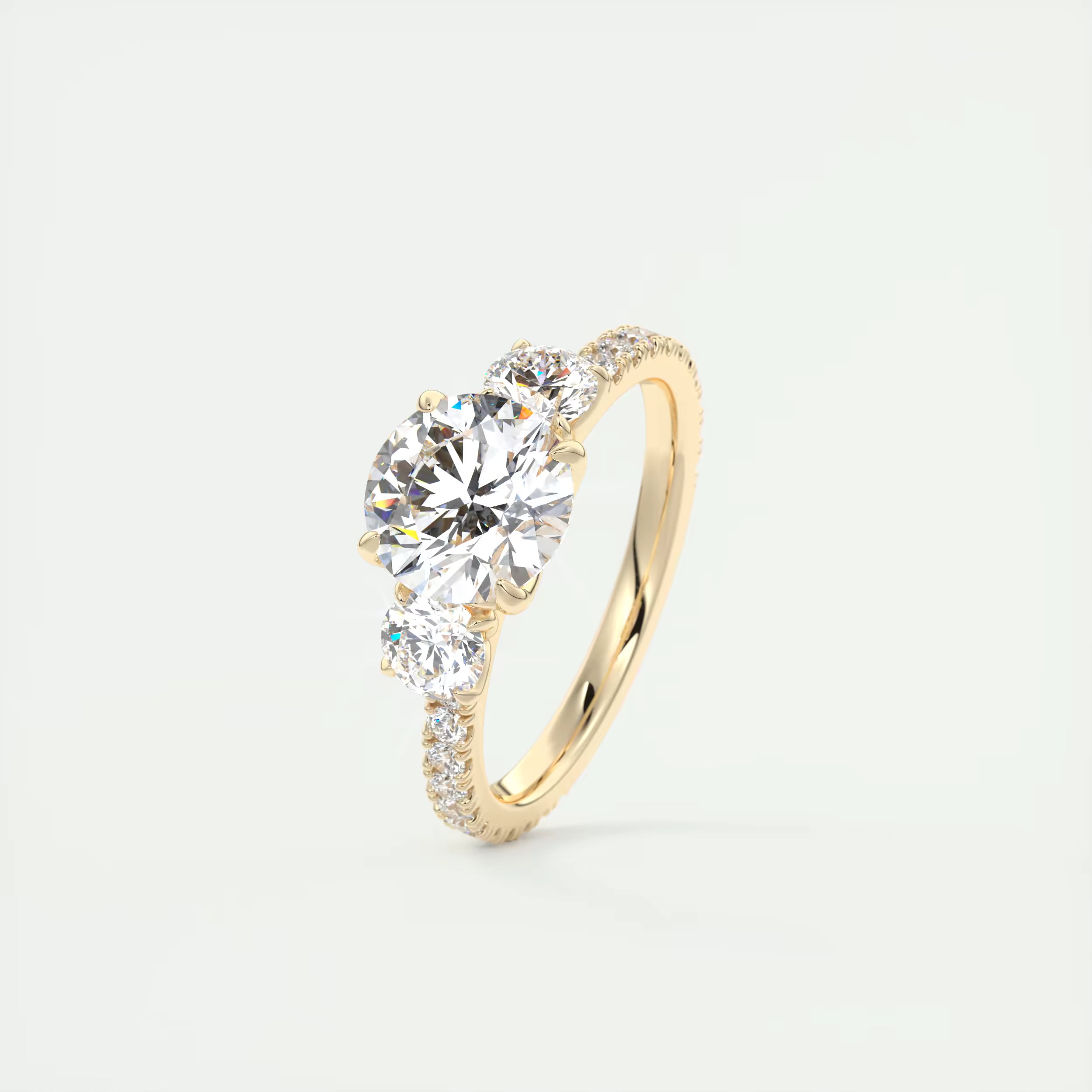 2.50 Ct Round Solitaire Ring Three Stone Ring with 3/4 French Set Pave Engagement Rings