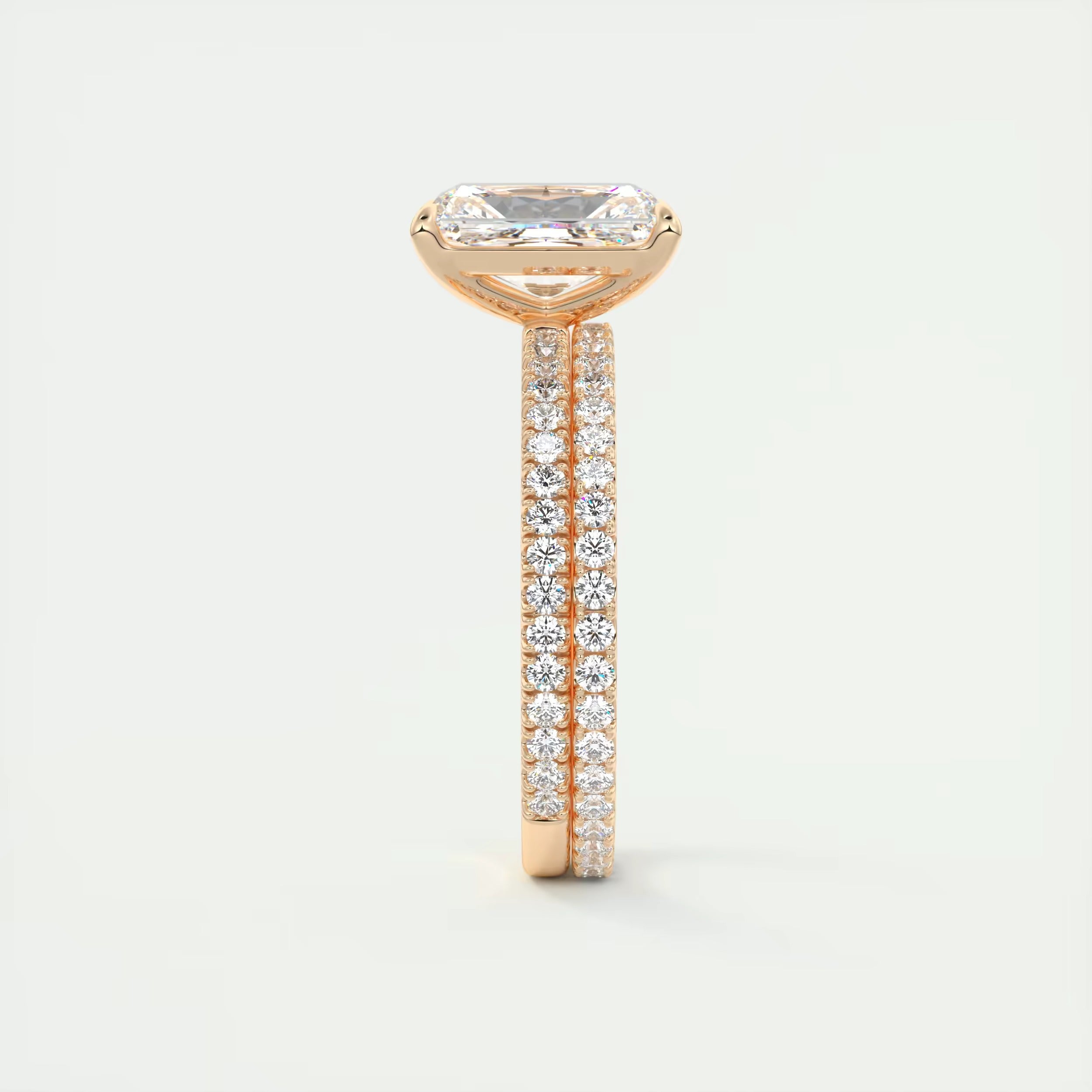 2.30 Ct Harper Pavé Center Stone Radiant & Side Stone Round with 1.5mm French Set Pavé Ring