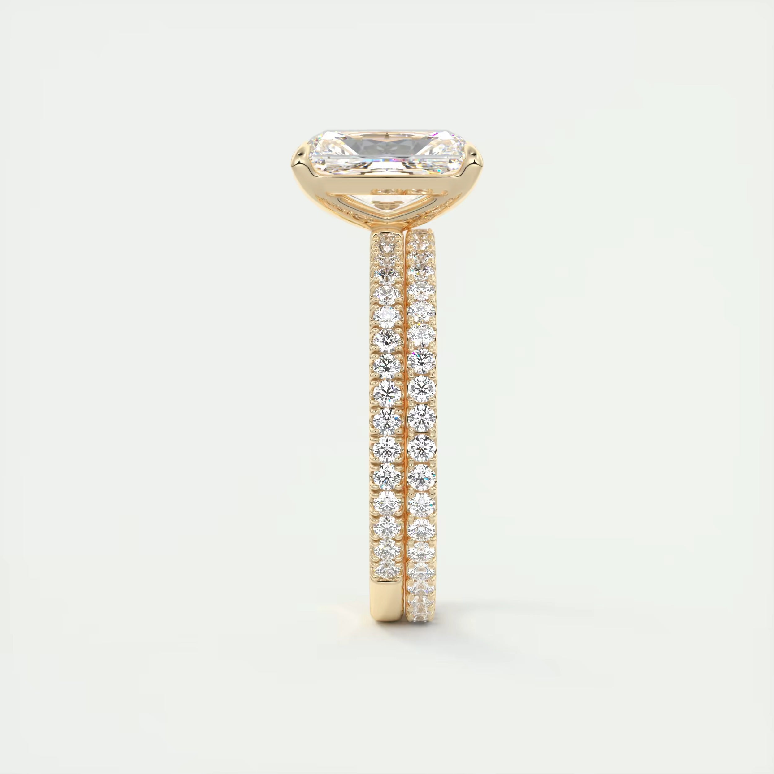 2.30 Ct Harper Pavé Center Stone Radiant & Side Stone Round with 1.5mm French Set Pavé Ring
