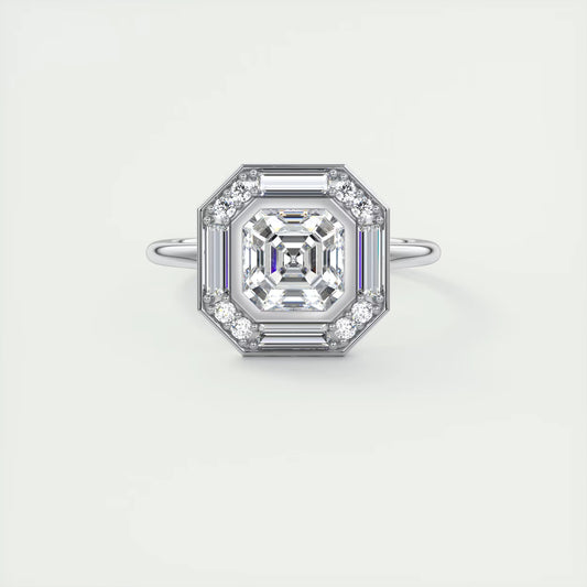 2.76 Ct The Deco Halo Asscher Center & Baguette Halo Ring