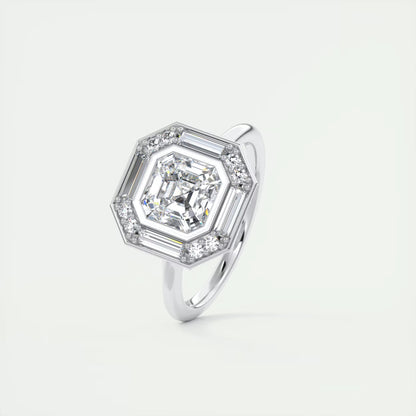 2.76 Ct The Deco Halo Asscher Center & Baguette Halo Ring