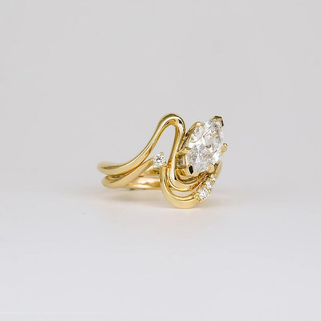 1.56 Ct Marquise Cut Diamond Engagement Ring Set 14k  Yellow Gold Ring Bridal Ring