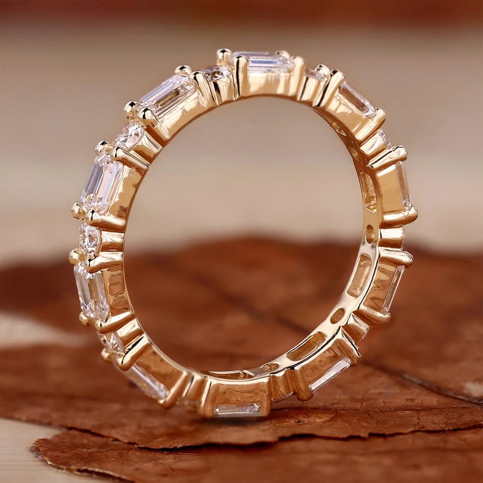 4.00 Ct Emerald Diamond Wedding Ring With Round Stackable Ring Full Eternity Ring