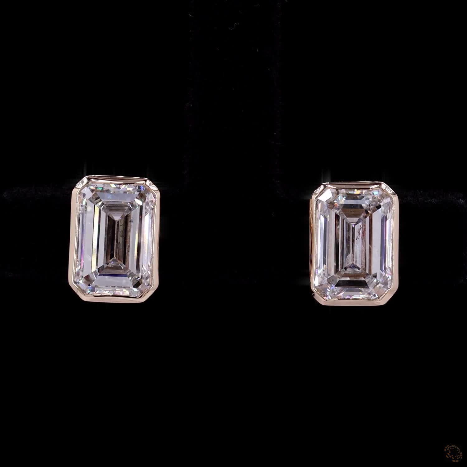 3.15 Ct  Yellow  Gold Emerald Cut Solitaire Bezel Set Stud Earrings