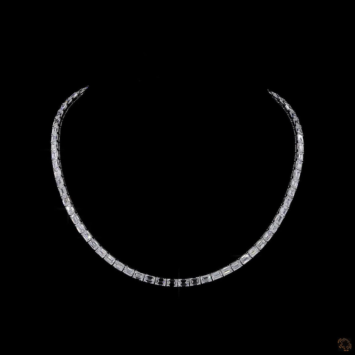 30.22 Ct East-West Emerald Cut Diamond Tennis Necklace | White Gold Riviera Line Necklace
