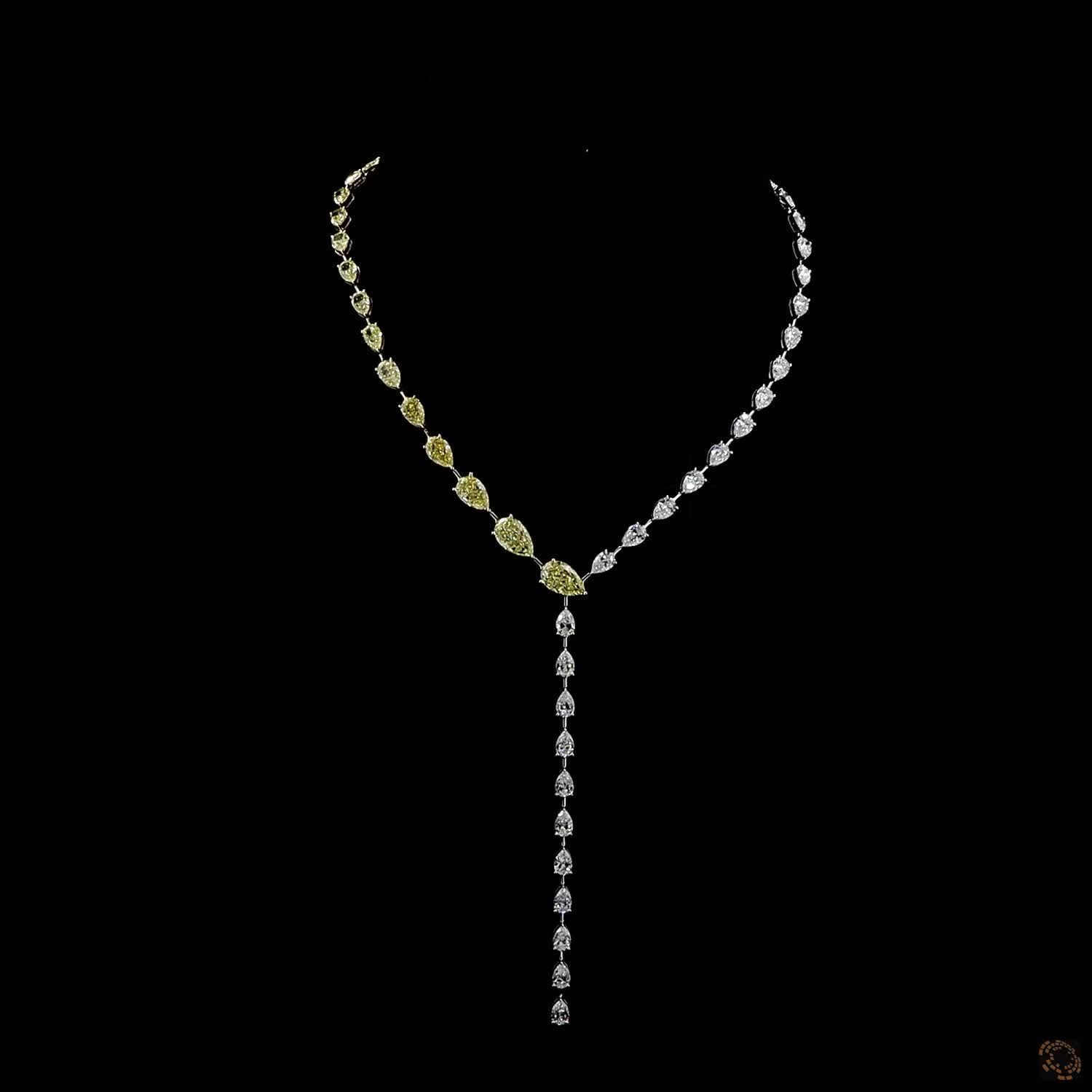 23.63 Ct Fancy Yellow & White Pear Cut Diamond Lariat Tennis Necklace