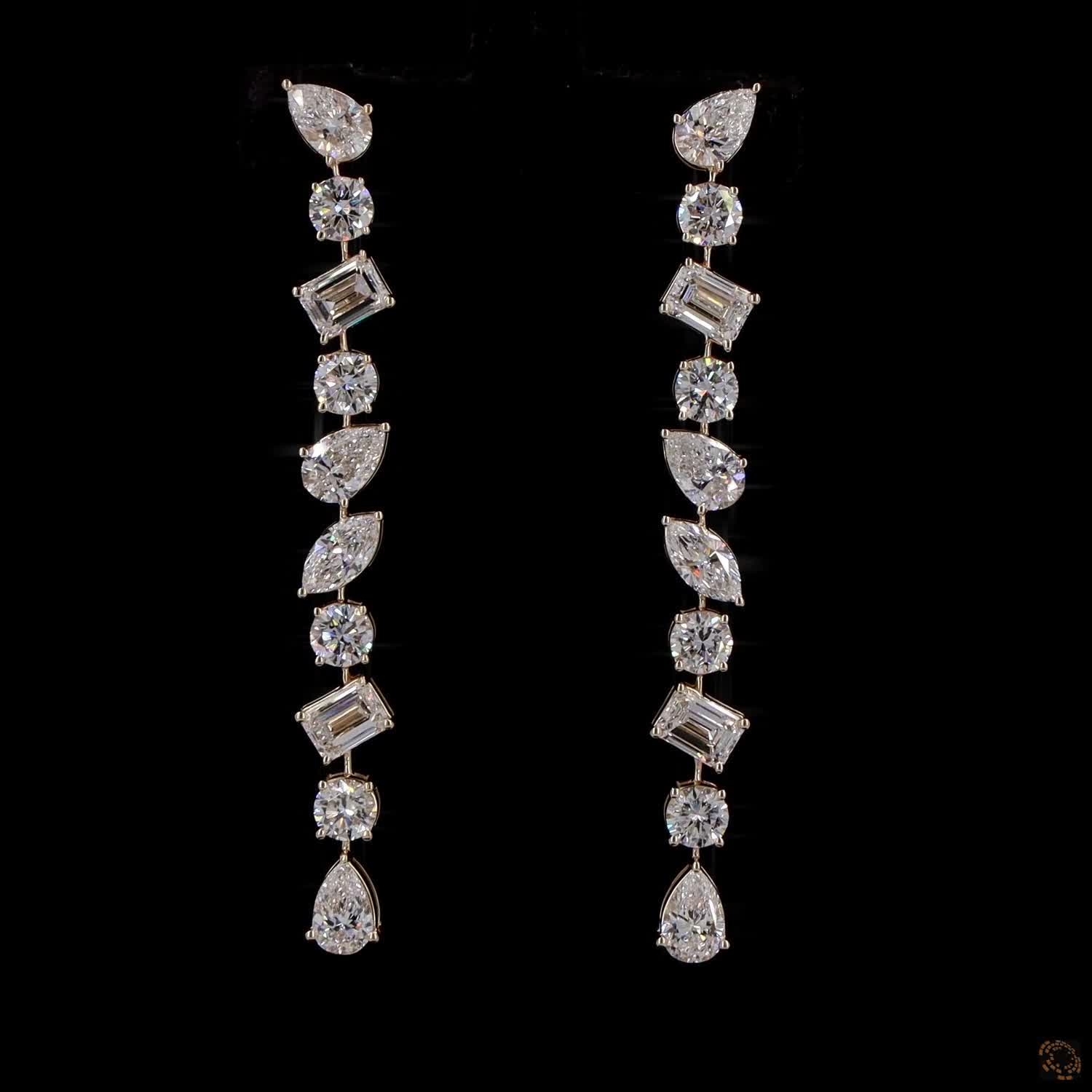 4.62 Ct 14K Gold Multi-Cut Diamond Drop Earrings – Emerald, Pear, Marquise & Round Linear Statement Earrings