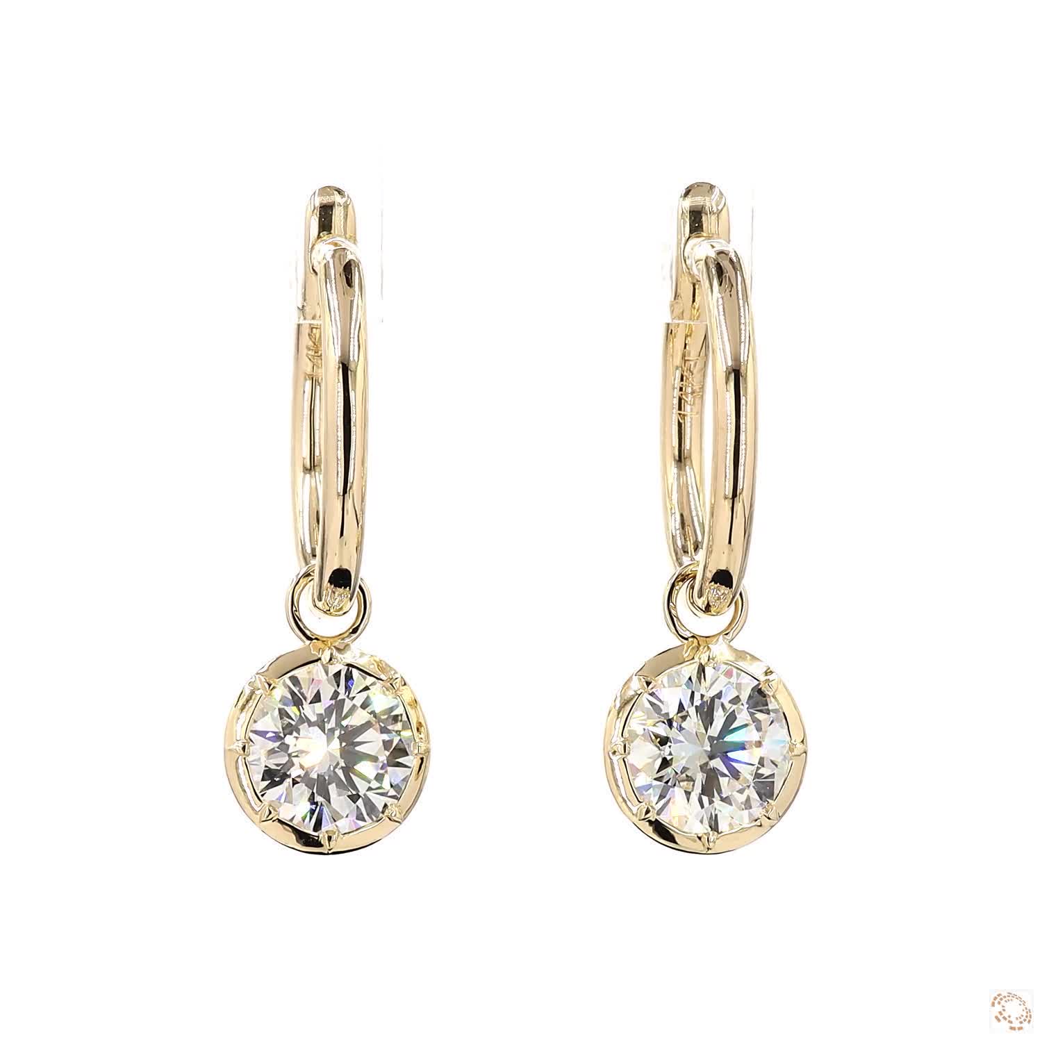 3.08 Ct 14K Yellow Gold Round Cut Solitaire Diamond Dangle Hoop Earrings – Bezel Framed Charm Drops
