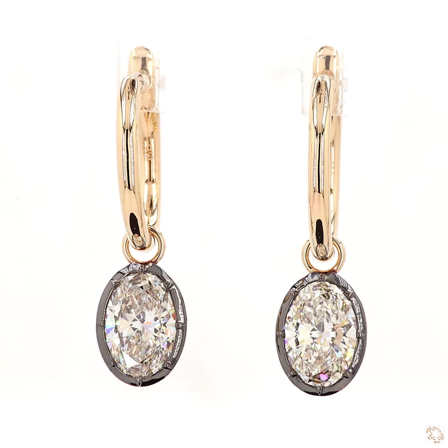 3.06 Ct 14K Gold Oval Solitaire Diamond Dangle Hoop Earrings – Black Rhodium Framed Drop Earrings