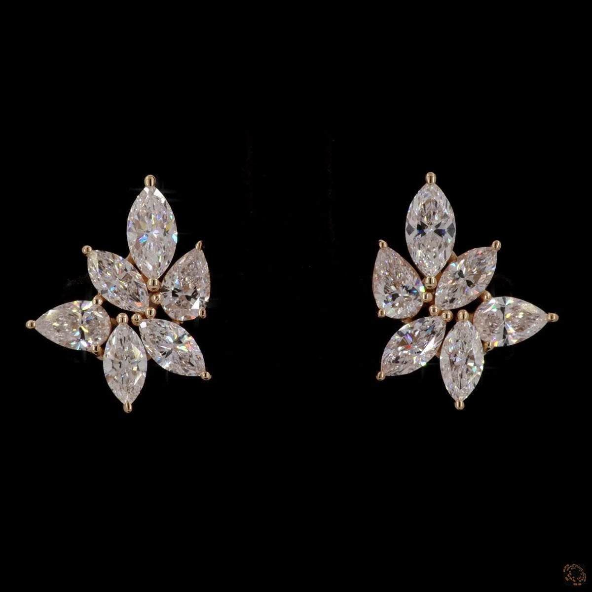 2.93 Ct Marquise Cut  Cluster Stud Earrings in 14K Yellow Gold | Floral Leaf Cluster Earring