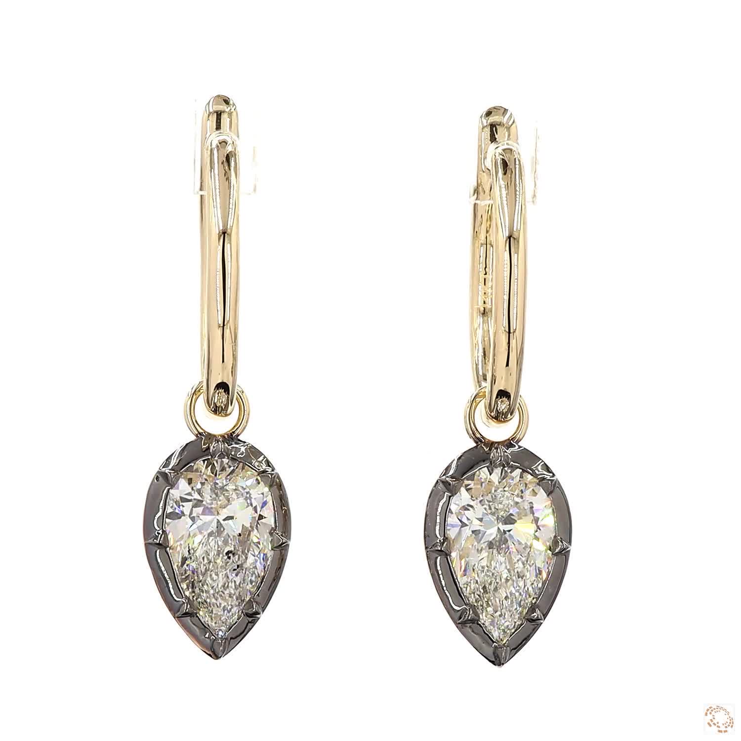 4.16 Ct Pear Cut Diamond Drop Huggie Earrings in 14K Gold | Blackened Bezel Teardrop Dangle Hoops