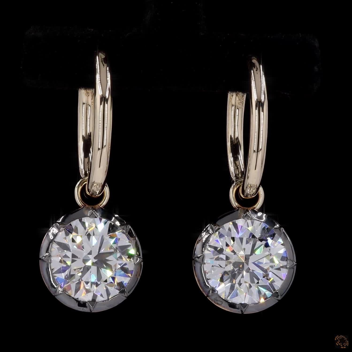 6.00 Ct 14K  Round Solitaire Diamond Dangle Hoop Earrings – Blackened Bezel Framed Charm Drops