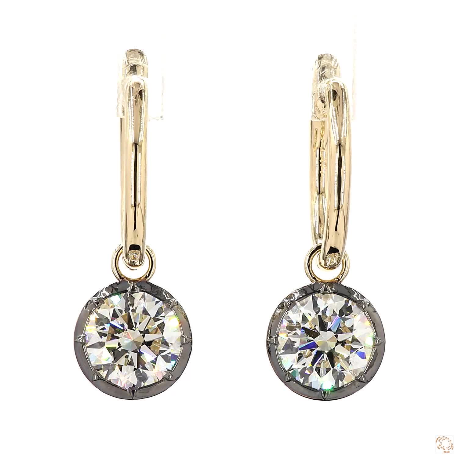 4.01 Ct Round Cut Diamond Drop Huggie Earrings in 14K Gold | Blackened Bezel Solitaire Dangle Hoops