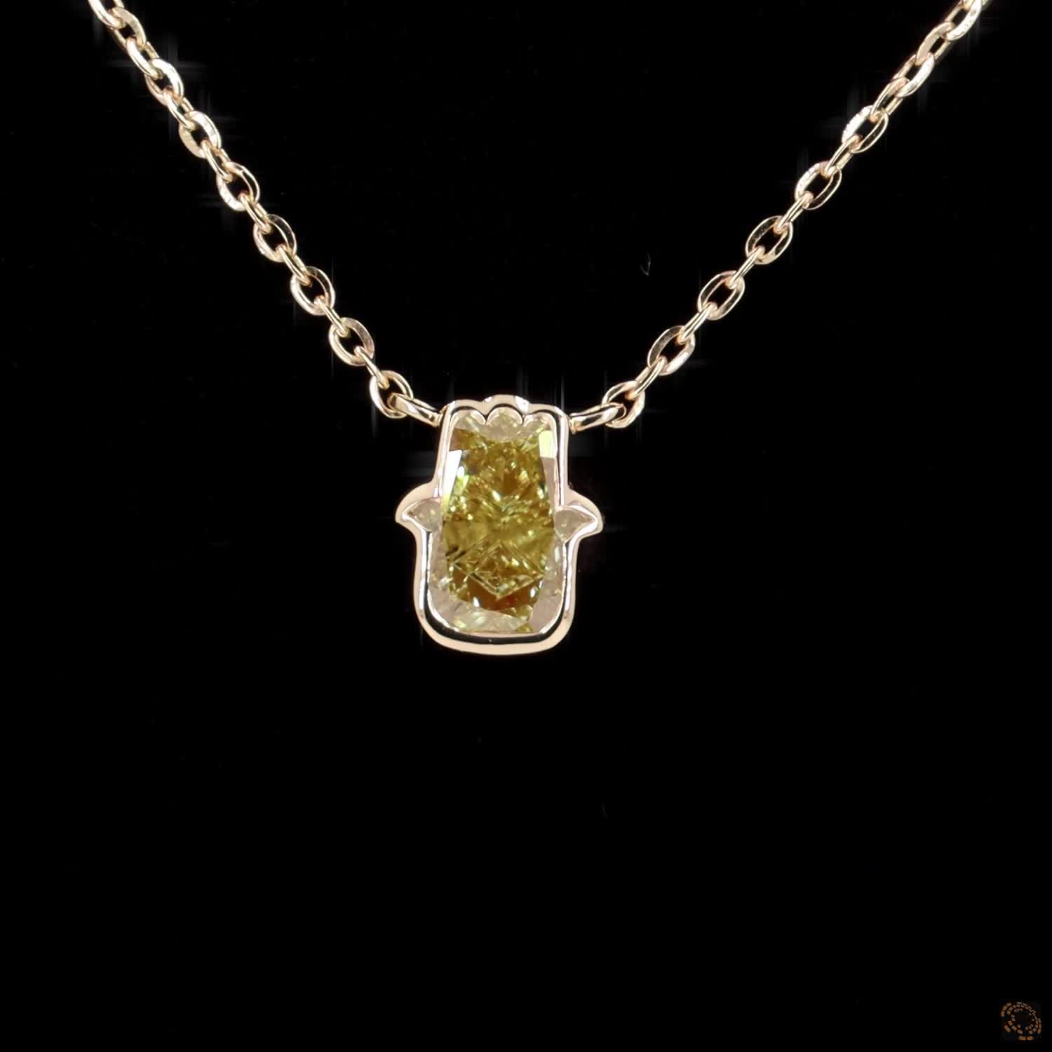 1.36 Ct Bezel-Set Fancy Yellow Diamond Hamsa Solitaire Necklace | Minimalist Gold Cable Chain Pendant