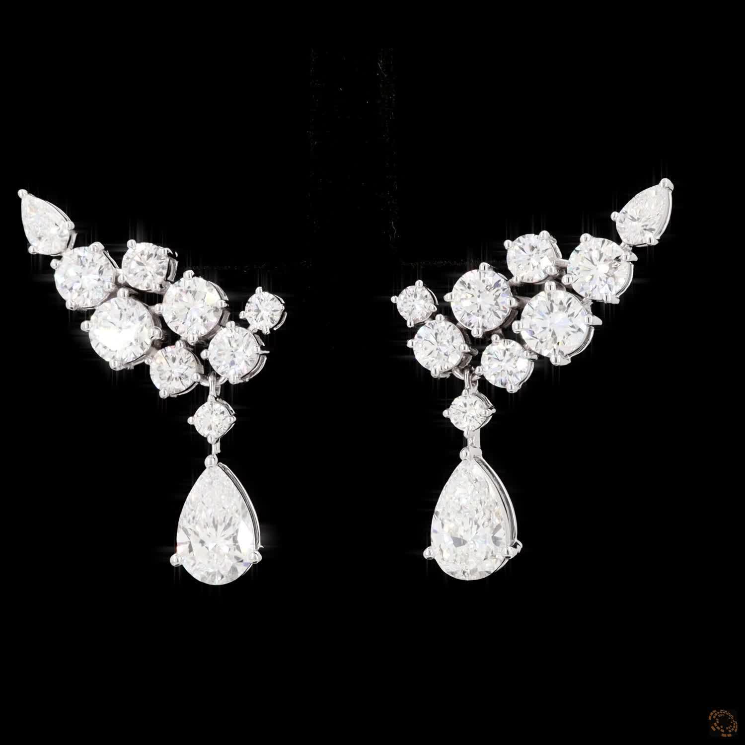 8.07 Pear and Round Diamond Winged Cluster Drop Earrings