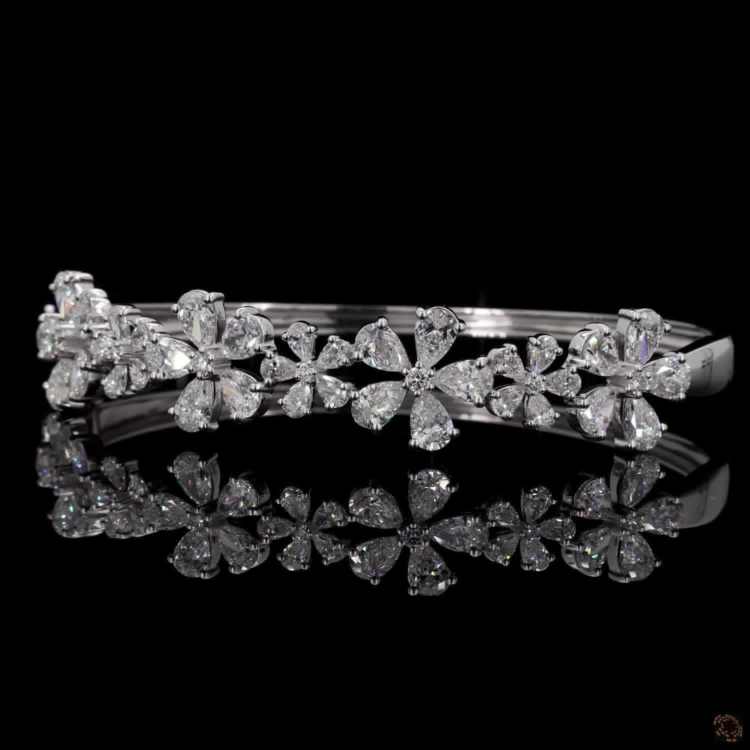 8.72 Ct Diamond Flower Cluster Station Bangle Bracelet in White Gold