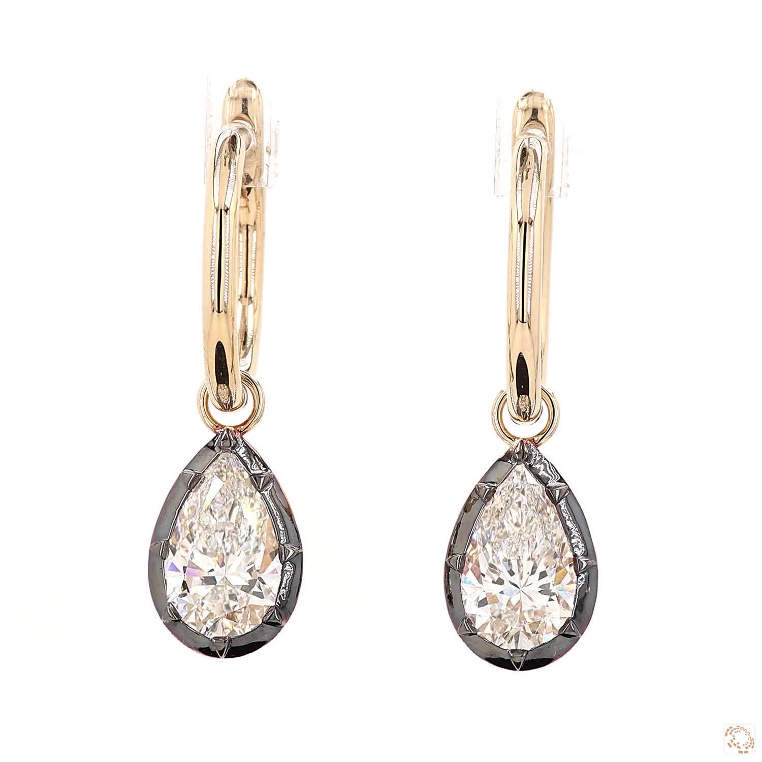3.16 Ct Pear Diamond Black Rhodium Bezel Huggie Charm Earrings