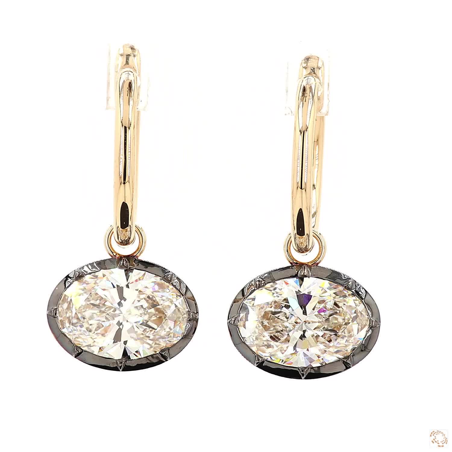 6.12 Ct Blackened Gold Oval Diamond Dazzle Drop Hoop Earrings in 14K Gold