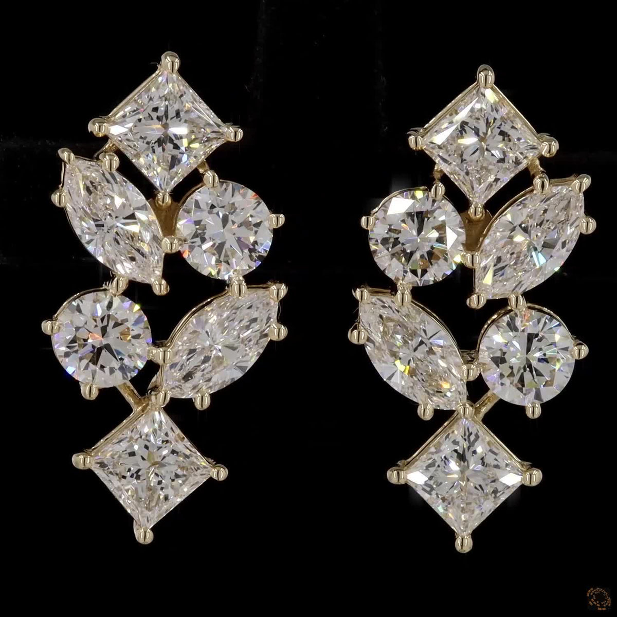 5.62 Ct Yellow Gold Multi-Cut Earrings, Geometric Cluster Ear Climbers, Unique Bridal & Evening Fine Jewelry