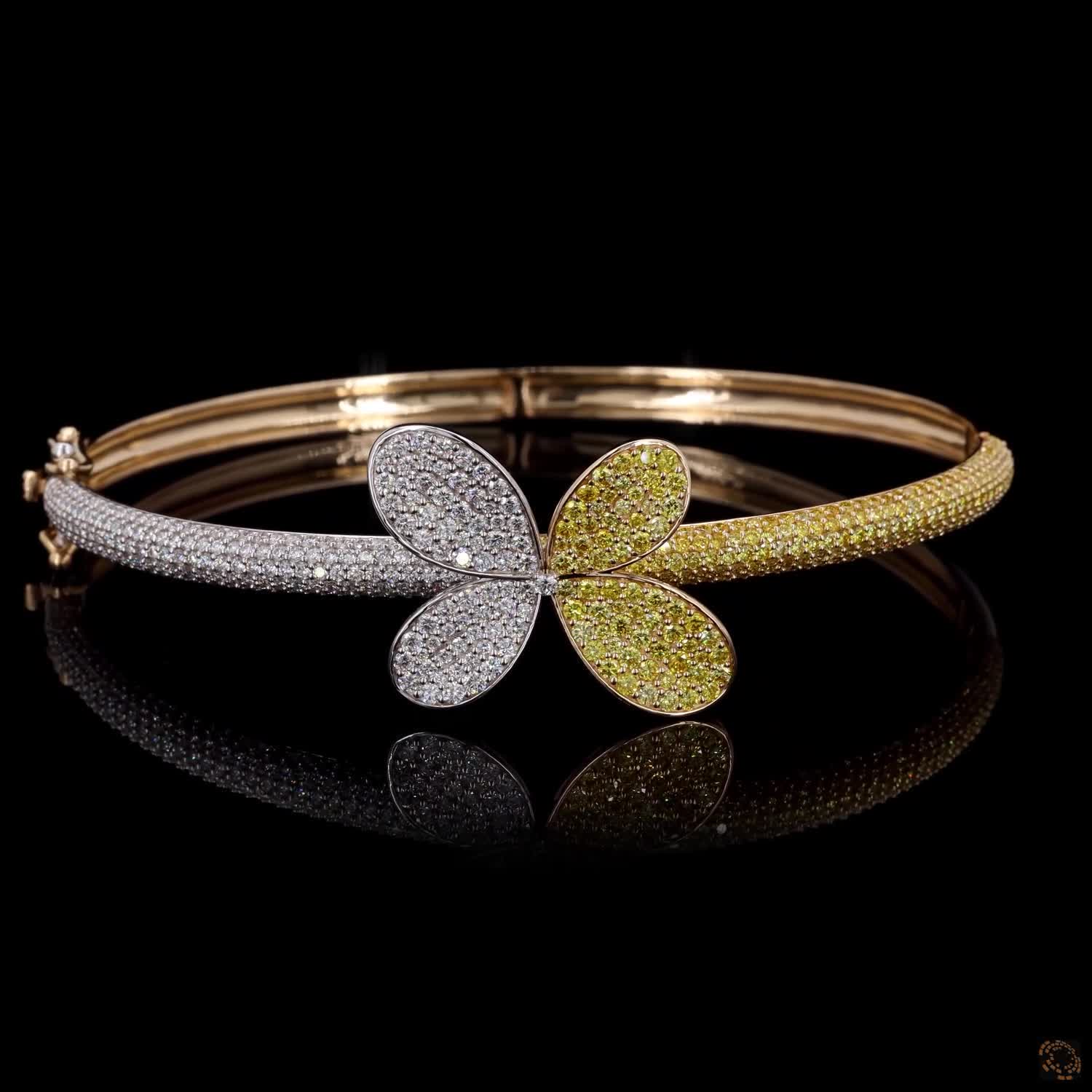 4.86 Ct Two-Tone Diamond Butterfly Bangle Bracelet – 14K Gold Pavé Diamond & Yellow Floral Cuff Jewelry