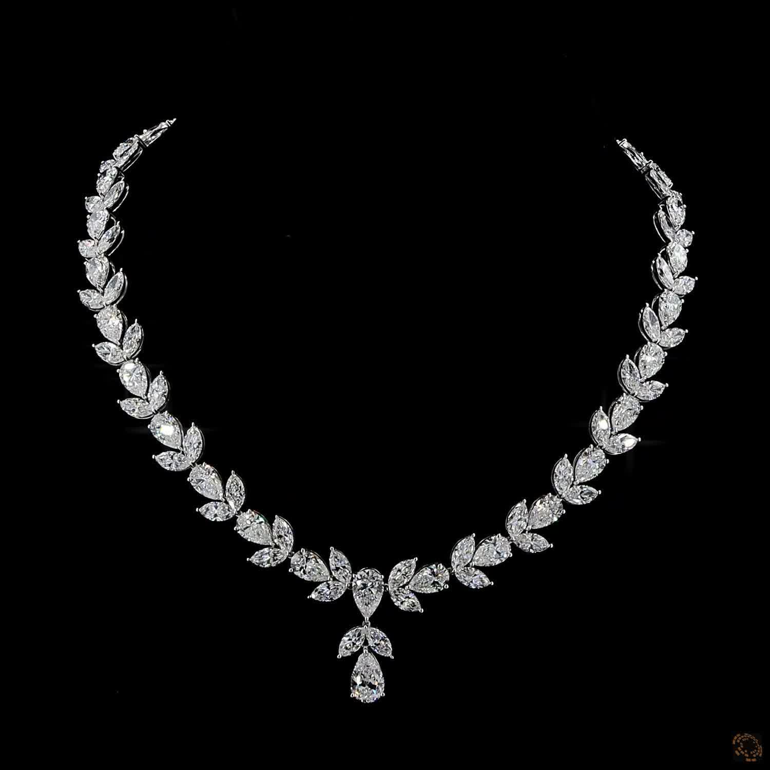 65.78 Ct Botanical Leaf & Cluster Marquise Diamond Drop Necklace in 14K White Gold