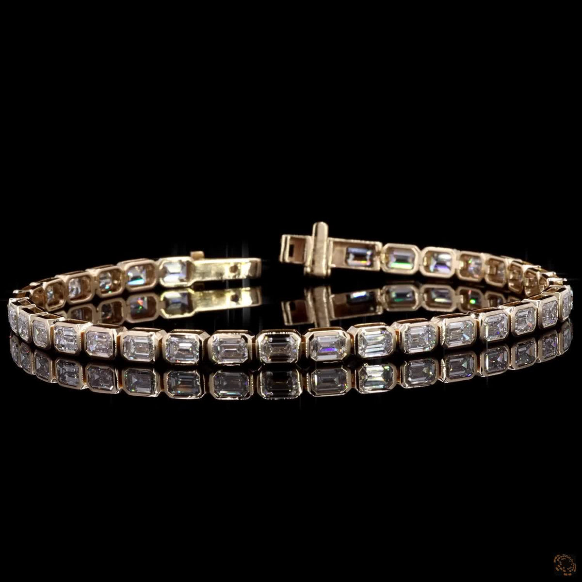8.71 Ct East-West Emerald Cut Bezel SeTennis  Bracelet in 14K Yellow Gold | Bezel Step Cut Eternity Line Bracelet
