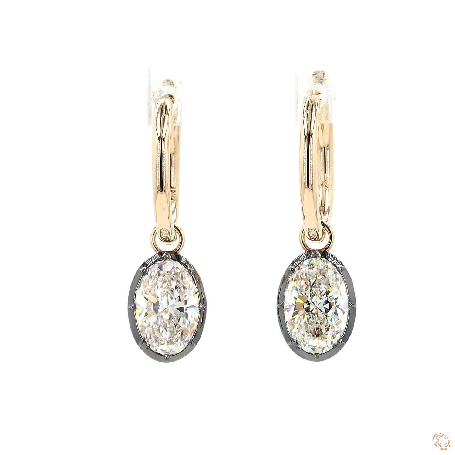 4.18 Ct Oval Cut Diamond Dangle Huggie Hoop Earrings, 14K Gold & Black Rhodium Oval Solitaire Drops