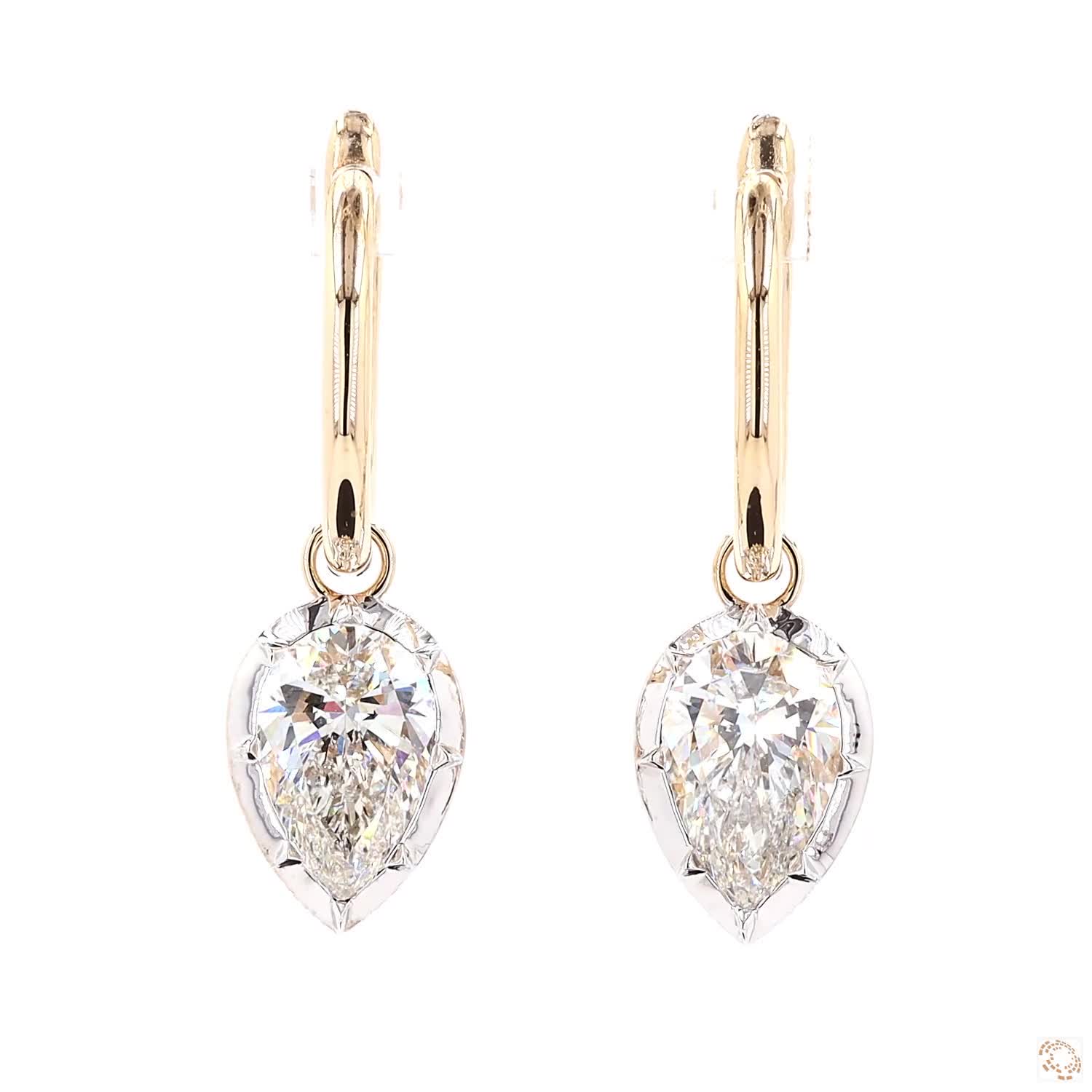5.05 Ct 14K Gold Pear-Shape Solitaire Diamond Dangle Hoop Earrings – Two-Tone White Rim Drop Earrings