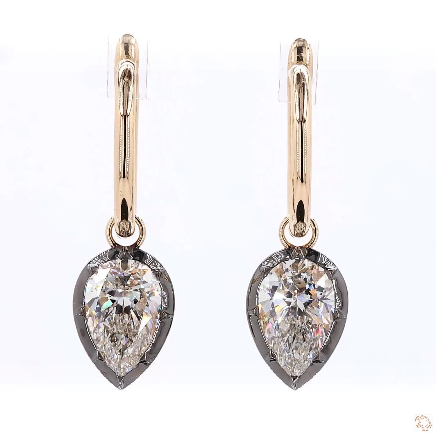 4.16 Ct Black Rhodium Pear Cut Diamond Drop Huggie Earrings in 14K Gold | Two-Tone Teardrop Hoops