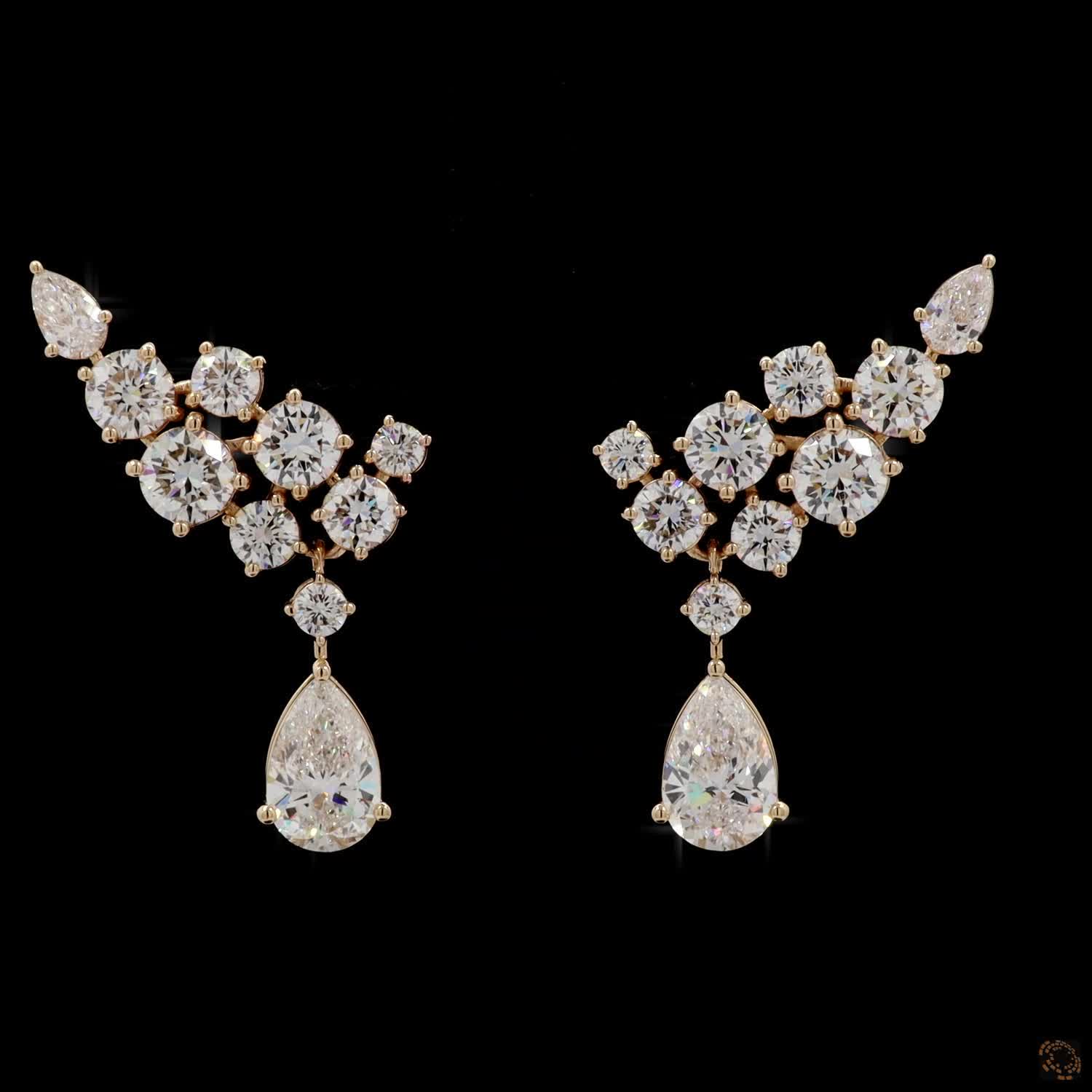 6.04 Pear and Round Diamond Wing Cluster Drop Earrings in Yellow Gold