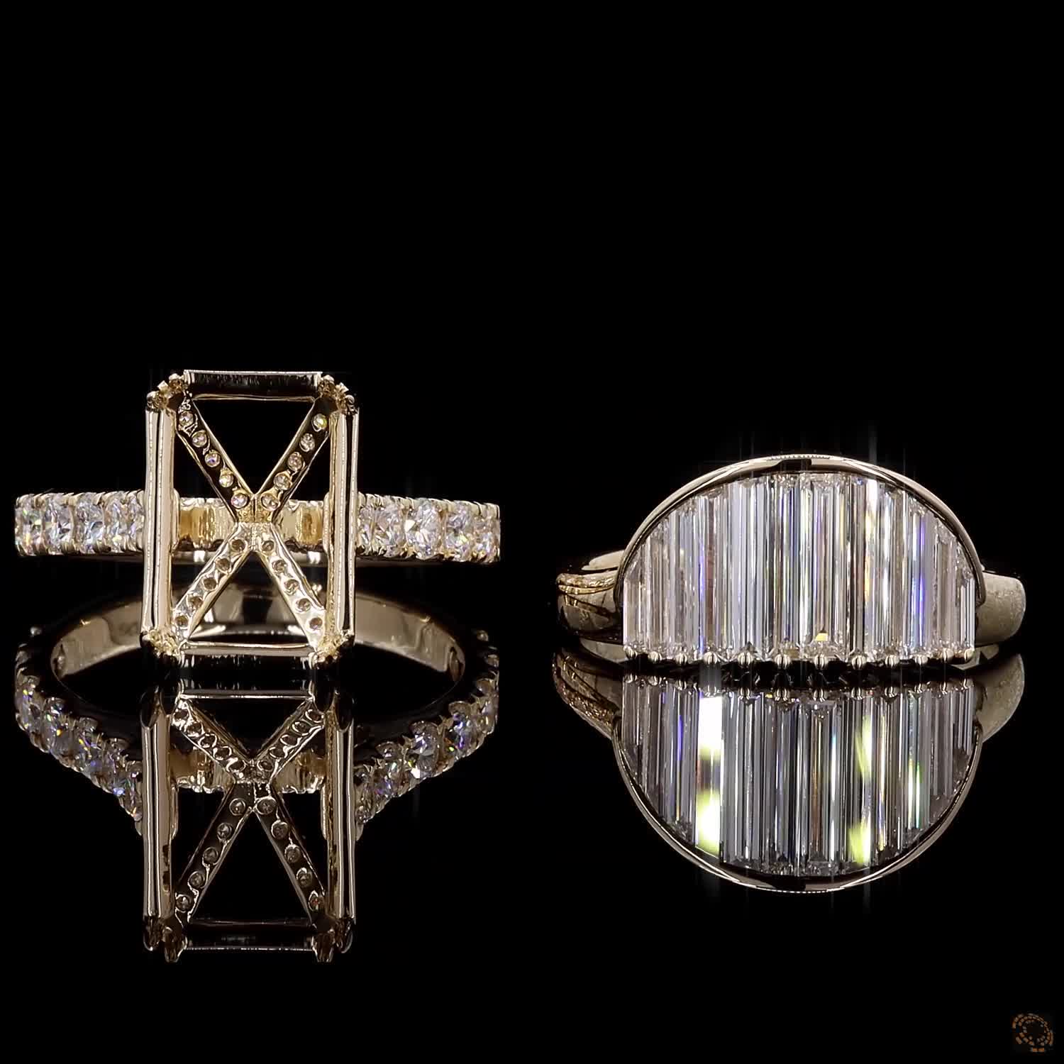 2.24 Ct Avant-garde two-ring bridal set comprising a half-moon shaped band paved with vertical baguette cut diamonds and a complementary high-set semi-mount engagement ring
