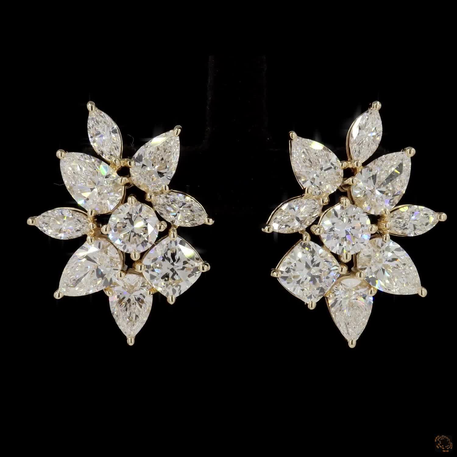 8.37 Ct Mixed Cut Diamond Floral Cluster Earrings in Yellow Gold